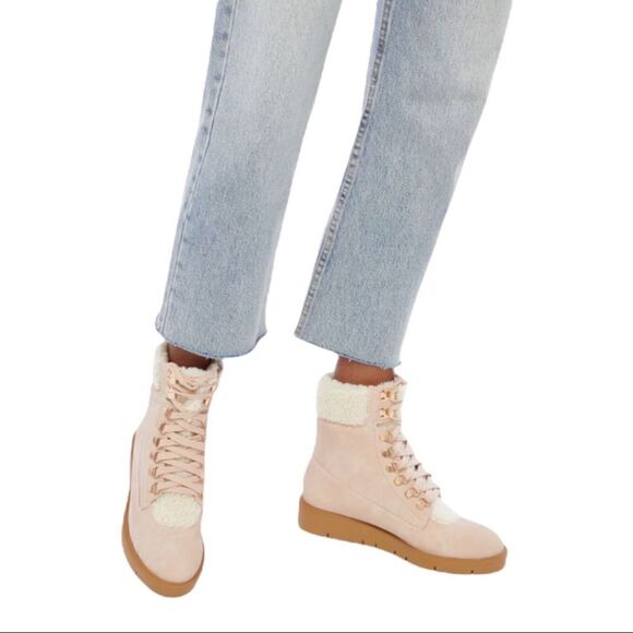 New! JustFab Faux Suede Sherpa Cuff Hiker Lace Up Wedge Winter Boots Booties - Picture 5 of 16